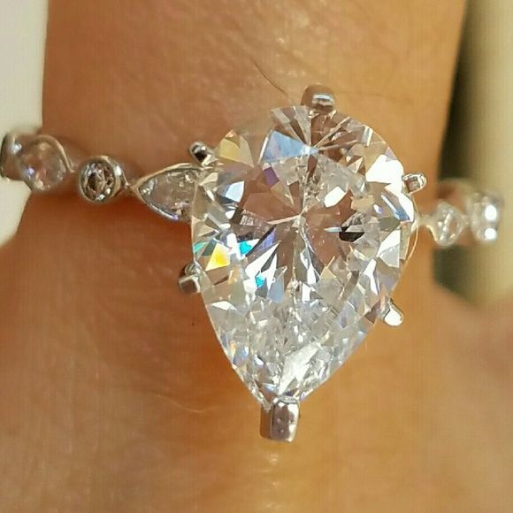 Custom made 14k Solid Real white gold pear Engagement ring size 5 6 7 8 9